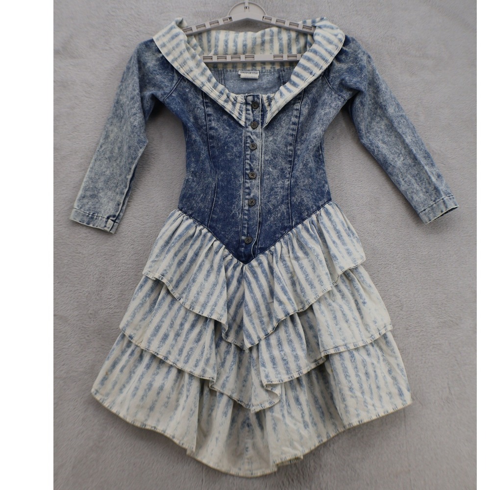 Switch USA Vintage Acid Wash Denim Ruffle Dress Striped High Low Size 3 80s 90s